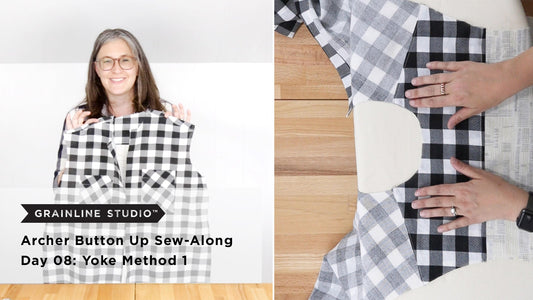 Archer Button Up Sew-Along Day 08: Yoke Method 1, showing black and white gingham shirt held up and yoke seam on wood table