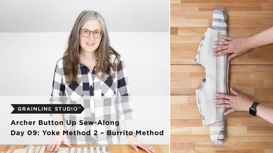 Archer Button Up Sew-Along Day 09: Yoke Burrito Method, showing navy gingham shirt and rolled striped fabric on wood table