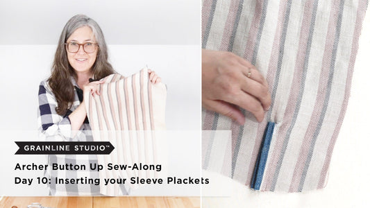Archer Button Up Sew-Along Day 10: Inserting Sleeve Plackets, showing striped sleeve held up and close-up of placket detail