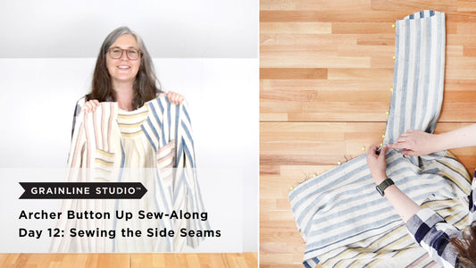 Archer Button Up Sew-Along Day 12: Sewing Side Seams, showing striped shirt held up and pinned underarm seam on wood table