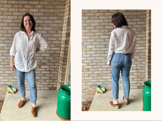 Front and back view of Archer Button Up shirt in white linen with rolled sleeves, styled with blue jeans and brown loafers