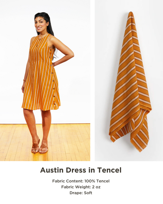 Model wearing sleeveless A-line View A Austin Dress in gold and cream lightweight Tencel next to draped fabric swatch
