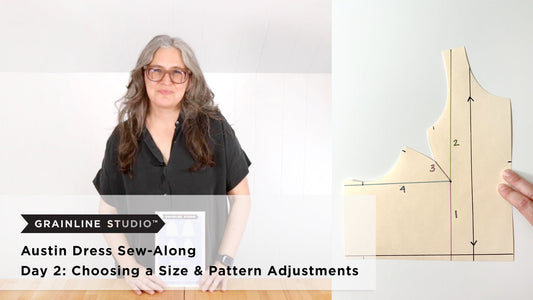 Grainline Studio Austin Dress Sew-Along Day 2 thumbnail showing oaktag pattern piece with full bust adjustment markings