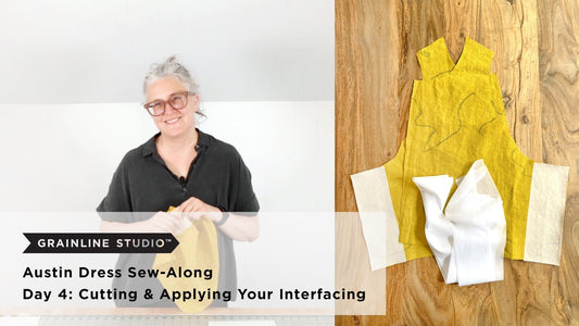 Grainline Studio Austin Dress Sew-Along Day 4 thumbnail showing yellow bodice pieces with white interfacing on wood surface