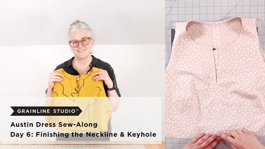 Grainline Studio Austin Dress Sew-Along Day 6 thumbnail showing pale pink bodice with keyhole neckline on cutting mat