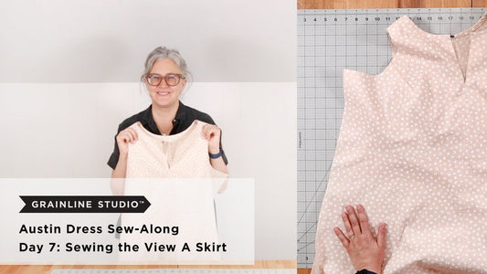 Grainline Studio Austin Dress Sew-Along Day 7 thumbnail showing pale pink leaf print View A skirt on cutting mat