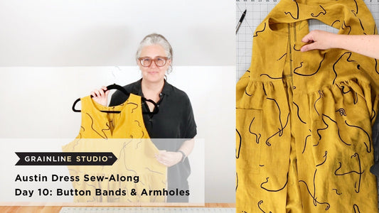 Grainline Studio Austin Dress Sew-Along Day 10 thumbnail showing yellow print dress with button band and bias faced armhole