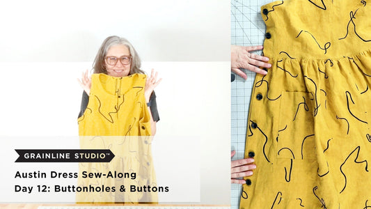 Grainline Studio Austin Dress Sew-Along Day 12 thumbnail showing yellow squiggle print dress with buttonholes and buttons