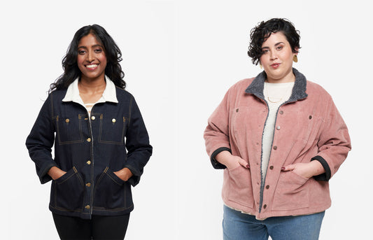 Two Thayer Jackets: dark denim with cream sherpa collar and gold topstitching, and mauve corduroy with charcoal sherpa collar