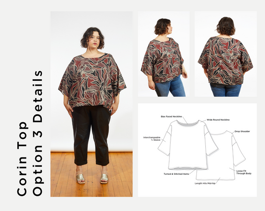 Corin Top Option 3 in rust botanical print shown front, side, and back, with annotated line drawing of design details
