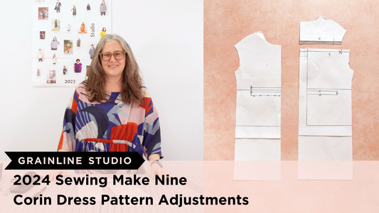Grainline Studio Corin Dress Pattern Adjustments with pattern pieces and Jen Beeman in abstract print Corin Dress