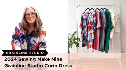 Grainline Studio Corin Dress thumbnail with Jen Beeman in geometric print Corin Dress and rack of three finished Corin Dresses