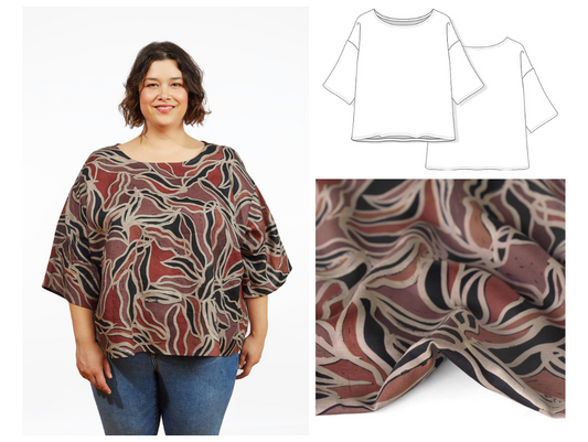 Corin Top in rust and black botanical print with three-quarter sleeves, modeled with flat line drawings and fabric close-up