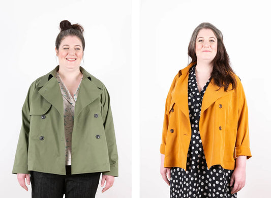 Cortland Trench in sage green and golden yellow, hip-length, double-breasted with notched lapels, modeled on size 32