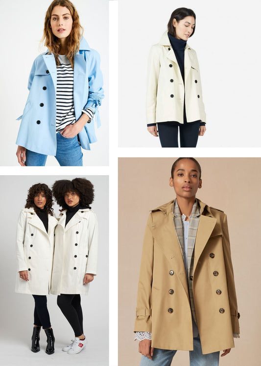 Four RTW trench coats for Cortland inspiration: light blue, cream double-breasted, oversized cream, and camel colorways