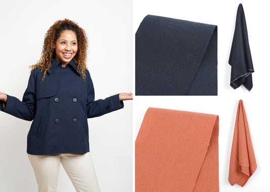 Navy Cortland Trench worn with cream pants, shown with navy and coral heavyweight linen swatches