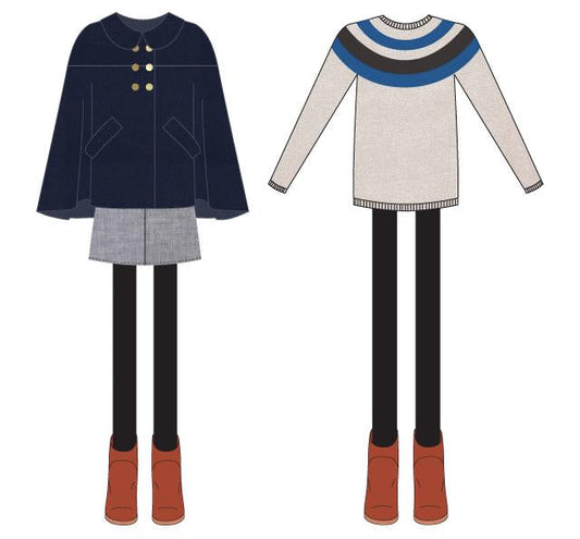 Two fashion illustrations: navy cape over gray skirt and cream yoke sweater, both with black tights and rust ankle boots