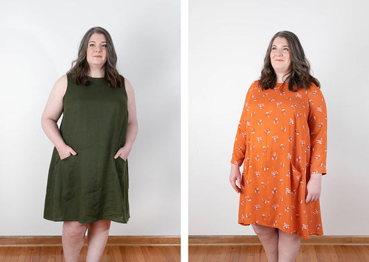 Two Farrow Dresses: sleeveless olive linen version and bracelet-sleeve orange floral rayon version with pockets