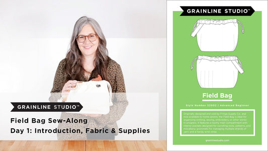 YouTube thumbnail for Field Bag Sew-Along Day 1: Introduction, Fabric & Supplies, natural canvas bag and pattern envelope