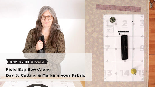 YouTube thumbnail for Field Bag Sew-Along Day 3: Cutting & Marking your Fabric, pattern piece on mauve print, wrong side up