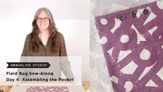 YouTube thumbnail for Field Bag Sew-Along Day 4: Assembling the Pocket, mauve print pocket with grommets close-up