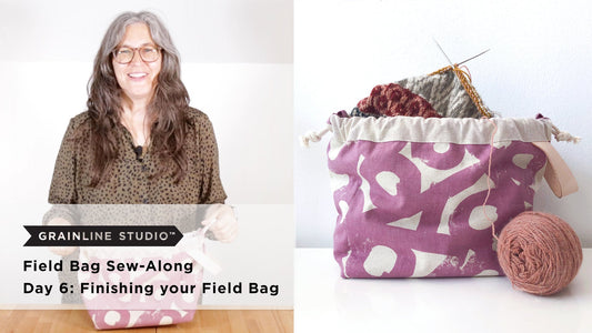 YouTube thumbnail for Field Bag Sew-Along Day 6: Finishing your Field Bag, mauve print drawstring bag with knitting supplies