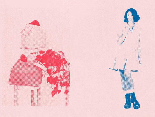 Give Thanks Sale graphic with Field Bag and Poppy Dress illustrated in red and blue halftone print on pink background