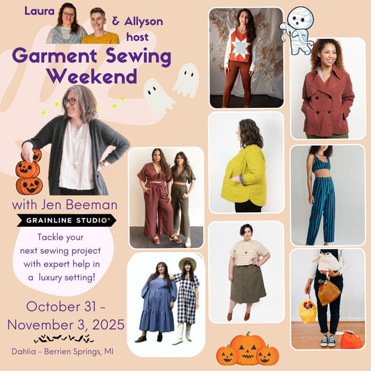 Event graphic for Garment Sewing Weekend, Oct 31–Nov 3, 2025, hosted by Laura, Allyson, and Jen Beeman of Grainline Studio