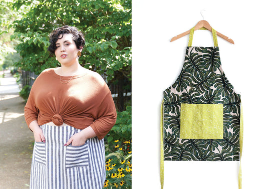 Two Grainline free patterns: Hemlock Tee in rust with front knot and Reed Skirt in blue stripe, and tropical leaf apron