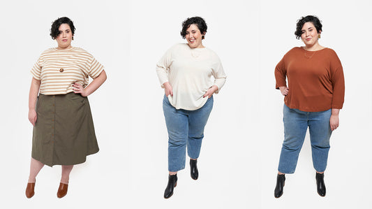 Three Hemlock Tee styles: striped short-sleeve with olive skirt, cream long-sleeve with jeans, and rust three-quarter sleeve