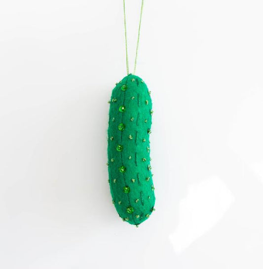 Grainline Pickle Ornament: green felt pickle with beaded sequin details, on white background