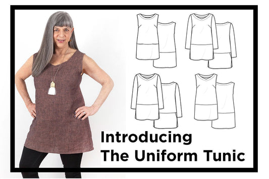 Introducing the Uniform Tunic pattern, sleeveless mauve tunic on model with four technical illustrations