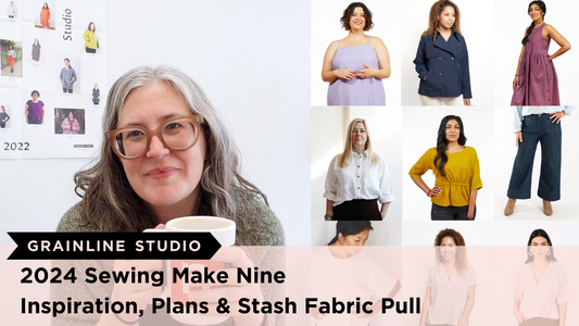 Grainline Studio 2024 Make Nine thumbnail with Jen Beeman in glasses holding mug alongside grid of planned sewing projects
