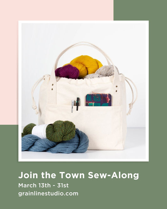 Join the Town Sew-Along promo: cream canvas Town Bag stuffed with Kelbourne Woolens yarn skeins and knitting supplies
