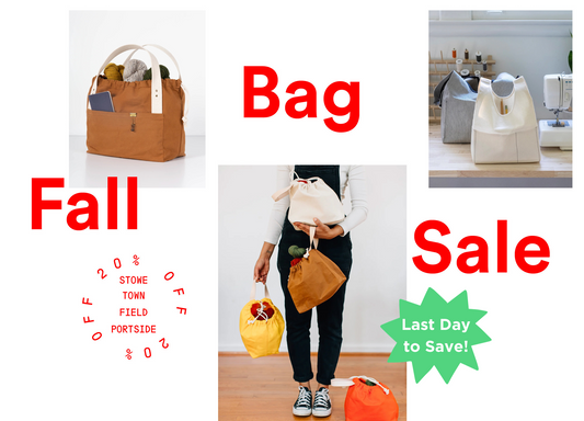 Fall Bag Sale — Last Day to Save, 20% off Grainline Town, Field, and Stowe bags in toffee, yellow, orange, and natural canvas