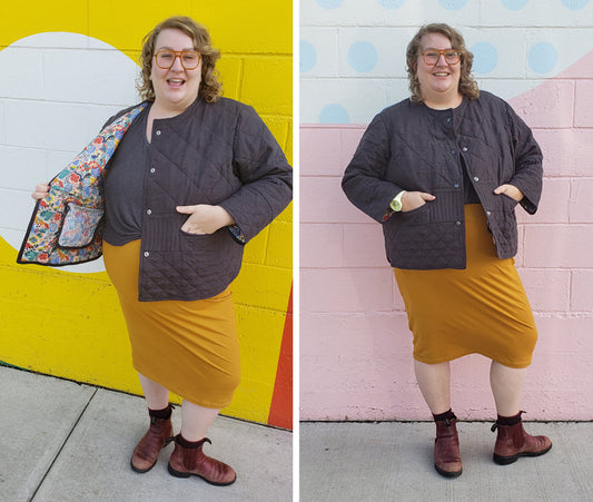 Two photos of black quilted Tamarack Jacket with floral lining, worn over mustard skirt against colorful mural backgrounds
