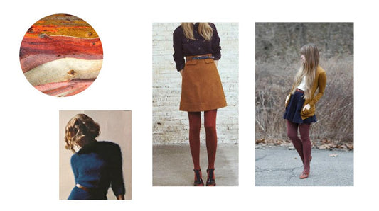 Fall style inspiration collage with earth and jewel tones, colorful tights, and outfits in brown, mustard, and navy
