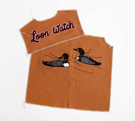 Thayer Jacket in tan with "Loon Watch" chainstitched text and two common loon illustrations on back yoke and body