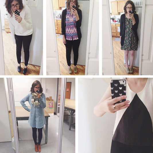 Five mirror selfies showing Me Made May outfits including a Linden Sweatshirt, Hadley Top, floral dress, and denim shirtdress