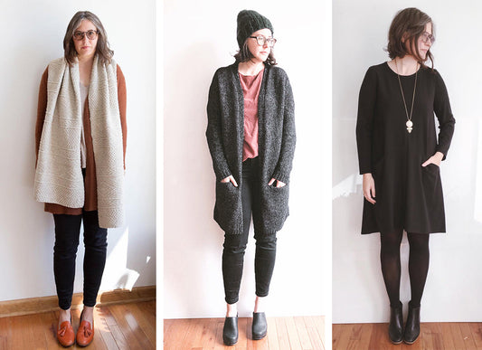 Three Me Made May outfits in neutral and warm tones: layered knits and sewn garments in rust, charcoal, and black