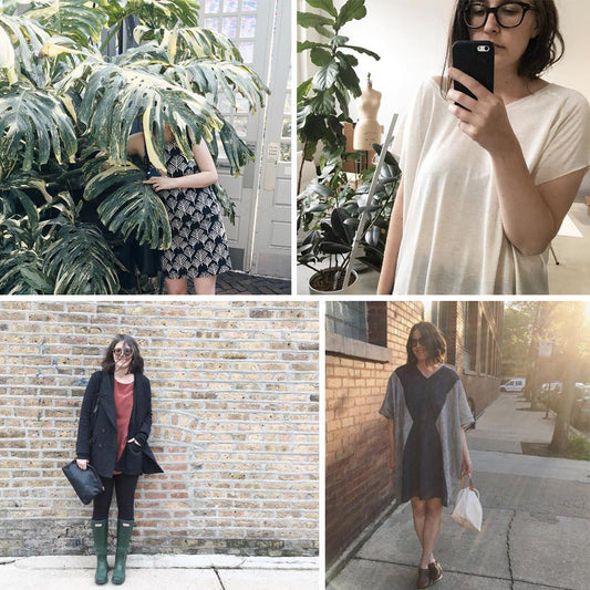 Four me-made outfits from 2016: printed Willow dress among plants, cream Penny top, coat and boots by brick wall, gray dress