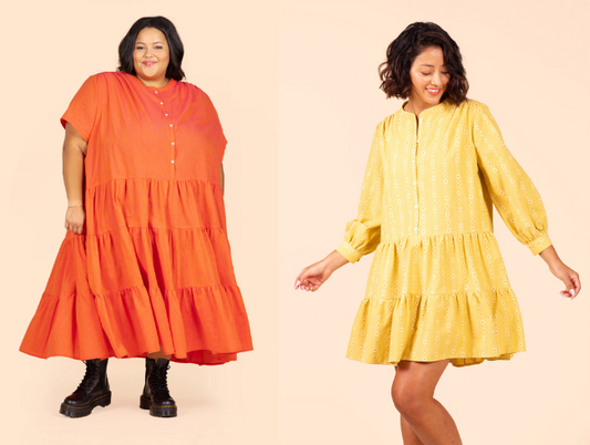 Two Poppy Dress views: orange short-sleeve maxi and yellow daisy print long-sleeve mini, both with tiered skirt panels