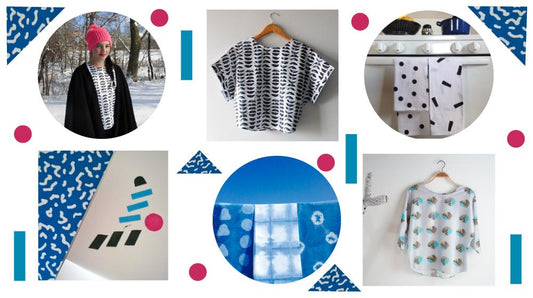 Spoonflower fabrics by January Prints with geometric and abstract prints on garments, kitchen towels, and fabric samples