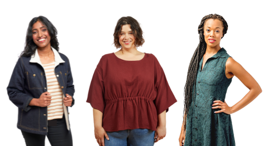 Three Grainline patterns modeled: denim Thayer Jacket with Hemlock Tee, burgundy Corin Top, and teal sleeveless Alder Dress