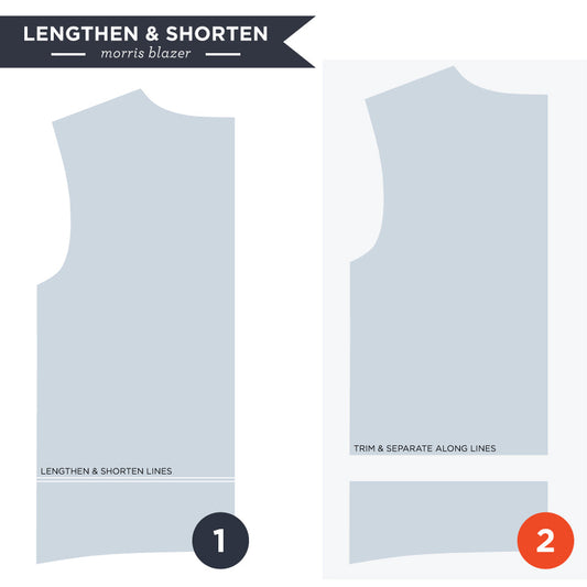 Morris Blazer lengthen and shorten tutorial showing back pattern piece with adjustment lines and two-step spreading method