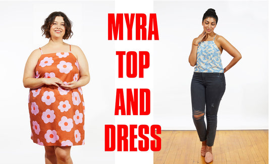 Myra Top and Dress launch graphic: orange floral Myra Dress and blue print Myra Top with jeans, with red text overlay