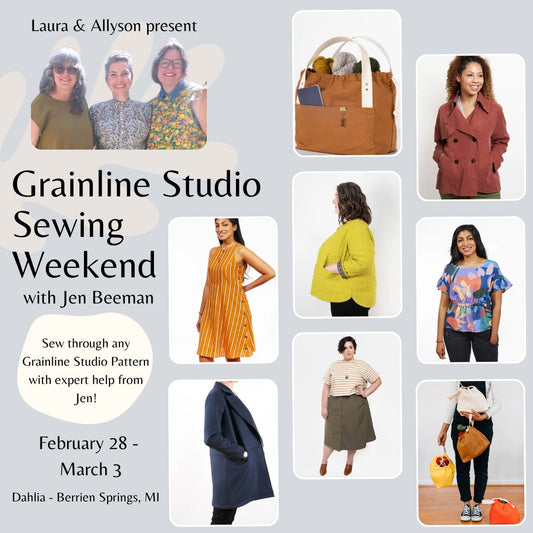 Flyer for Grainline Studio Sewing Weekend with Jen Beeman, February 28–March 3 in Berrien Springs, MI, featuring sewn patterns