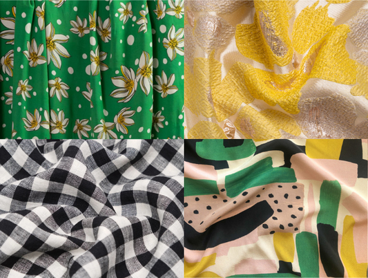 Four Poppy Dress fabric options: green floral, yellow textured weave, black and white gingham, and multicolor abstract print
