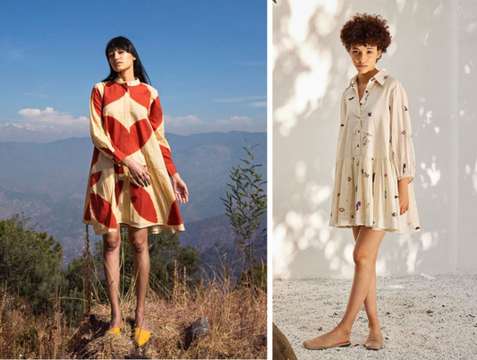 Two Poppy Dress RTW inspiration looks: red and cream colorblock dress outdoors, and cream scattered print against white wall