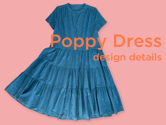 Poppy Dress design details graphic — teal short-sleeve dress with button-front placket and tiered skirt on pink background